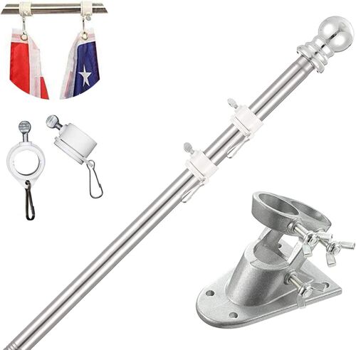 Kit de Mât de Drapeau en Aluminium Argent 150cm, avec Support Mât de Drapeau en Acier Inoxydable à Fixe au Mur avec Anneaux Rotatifs/Base Blanche