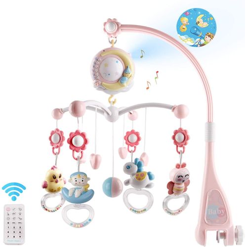 Berceau De Musique Pour Bébé Lit Bébé Mobile Avec Fonction De Temporisation Projecteur Et Lumières, Suspendu Tournant Hochets Et Télécommande Boîte À Musique Avec 150 Mélodies, Jouet Nouveau-Né (Rose)