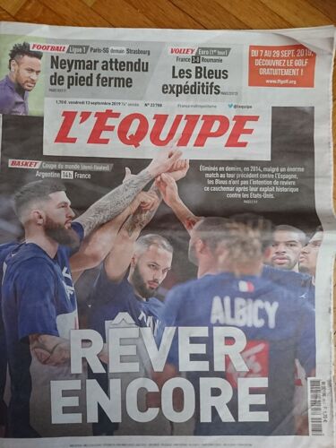 Journal L'équipe 23788 " Vendredi 13 Septembre 2019 "