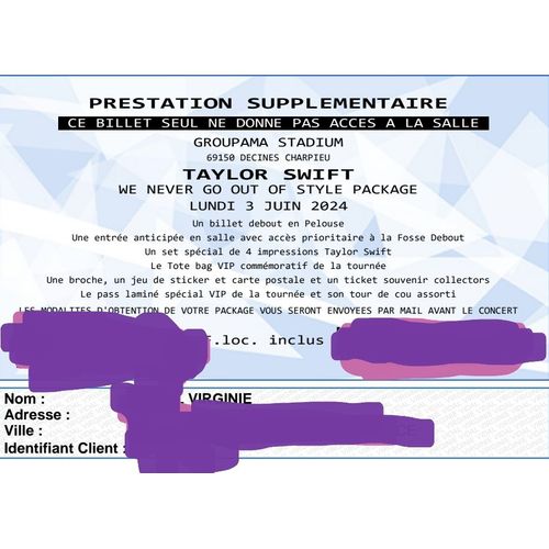 2 Billets Eras Tour Lyon, 03 Juin Pack Vip