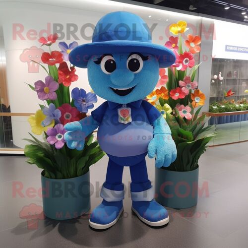 Personnage De Costume De Mascotte Redbrokoly De Bouquet De Fleurs Bleu Habillé D'un Short Et D'un Chapeau