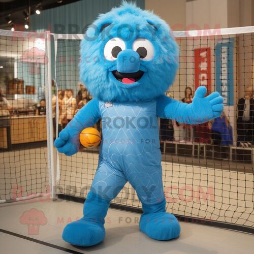 Personnage De Costume De Mascotte Redbrokoly De Filet De Volley-Ball Bleu Habillé D'une Barboteuse Et De Coussinets De Pied