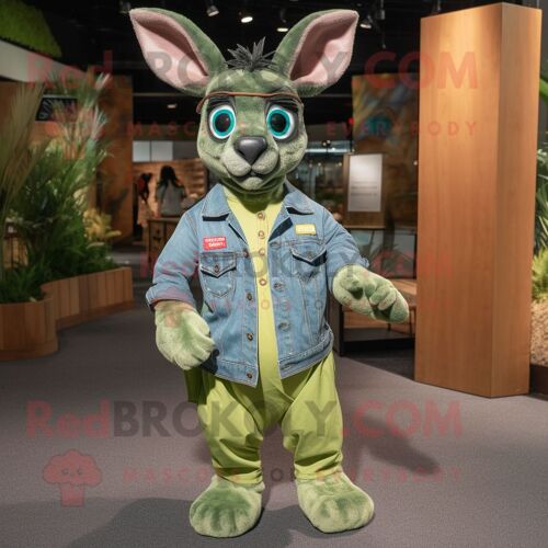 Personnage De Costume De Mascotte Redbrokoly De Kangourou Vert Habillé D'une Chemise En Jean Et De Lunettes