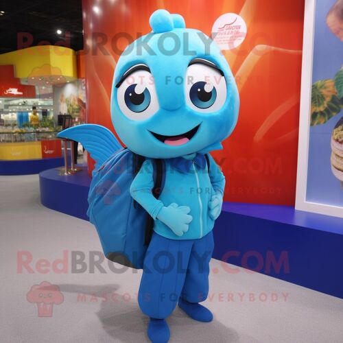 Personnage De Costume De Mascotte Redbrokoly De Poisson Rouge Bleu Ciel Habillé D'une Robe Droite Et De Sacs À Dos