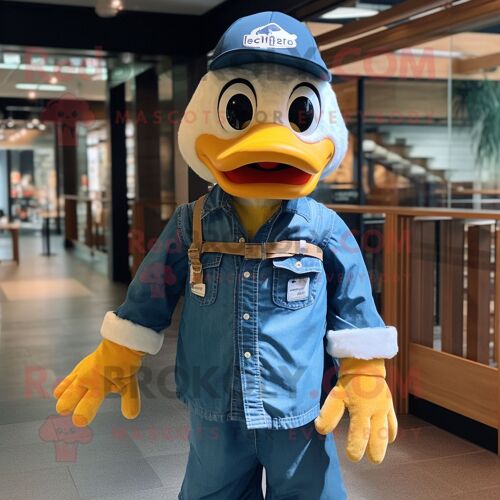 Personnage De Costume De Mascotte Redbrokoly De Canard Bleu Marine Habillé D'une Chemise En Jean Et De Bandeaux