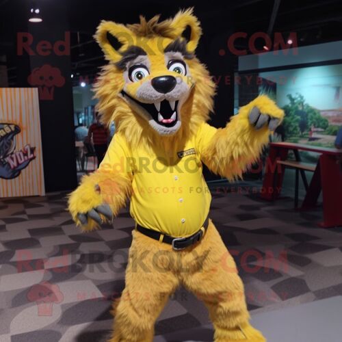 Personnage De Costume De Mascotte Redbrokoly De Loup-Garou Jaune Habillé D'une Chemise Boutonnée Et De Pinces À Chaussures