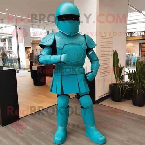 Personnage De Costume De Mascotte Redbrokoly De Soldat Romain Bleu Sarcelle Habillé D'une Combinaison Et De Coussinets De Pied