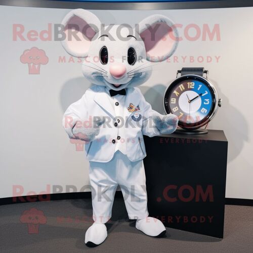 Mascotte Redbrokoly De Personnage De Souris Blanche Habillée D'un Pantalon De Costume Et De Montres Digitales