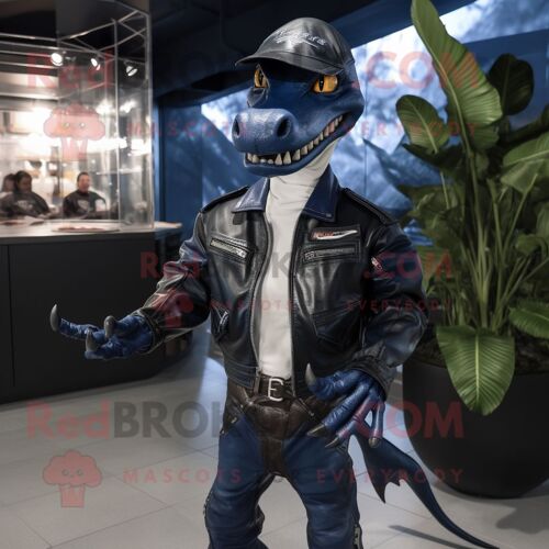 Personnage De Costume De Mascotte Redbrokoly Dimorphodon Bleu Marine Habillé D'une Veste En Cuir Et De Pochettes