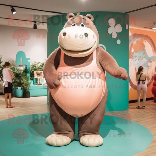 Personnage De Costume De Mascotte Redbrokoly D'hippopotame Beige Vêtu D'un Maillot De Bain Une Pièce Et De Ceintures
