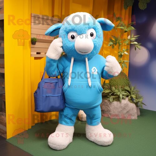 Personnage De Costume De Mascotte Redbrokoly De Mouton Mérinos Bleu Ciel Habillé D'un Sweat-Shirt Et De Sacs Fourre-Tout