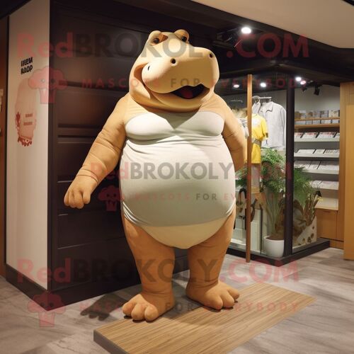 Personnage De Costume De Mascotte Redbrokoly D'hippopotame Beige Vêtu D'un Maillot De Bain Une Pièce Et De Ceintures