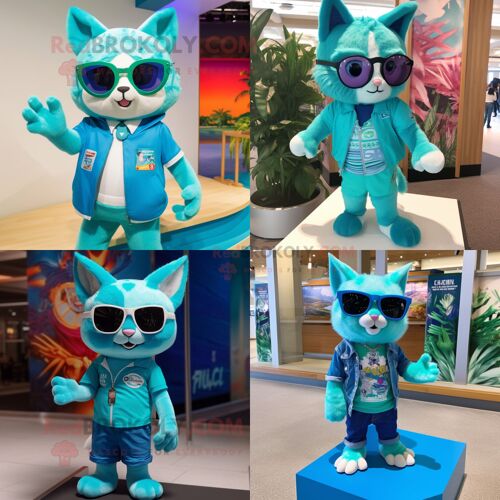Personnage De Costume De Mascotte Redbrokoly De Chat Turquoise Habillé D'un Bermuda Et De Lunettes De Soleil
