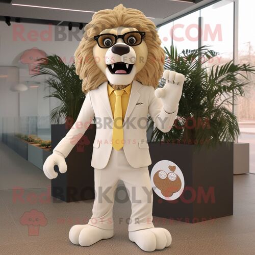 Costume De Mascotte Redbrokoly De Lion Crème Personnage Habillé D'un Blazer Et De Lunettes De Soleil