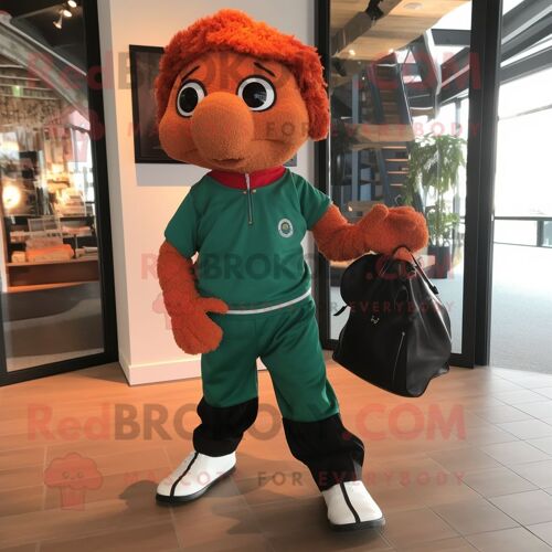 Personnage De Costume De Mascotte Redbrokoly Rust Irish Dancing Shoes Habillé D'un Col Roulé Et De Sacs Fourre-Tout