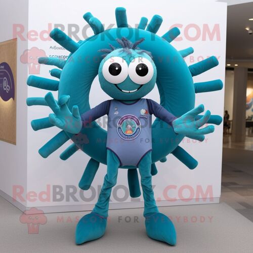 Personnage De Costume De Mascotte Redbrokoly Teal Spider Habillé D'un Tee-Shirt À Col En V Et D'anneaux