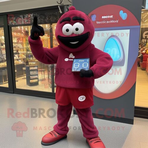 Personnage De Costume De Mascotte Redbrokoly De Prune Marron Habillé D'un Sweat-Shirt Et De Montres Numériques