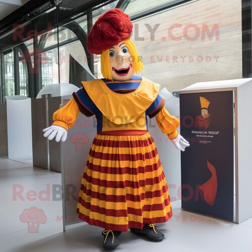 Personnage De Costume De Mascotte Redbrokoly De La Garde Suisse Vêtu D'une Jupe Plissée Et De Bandeaux