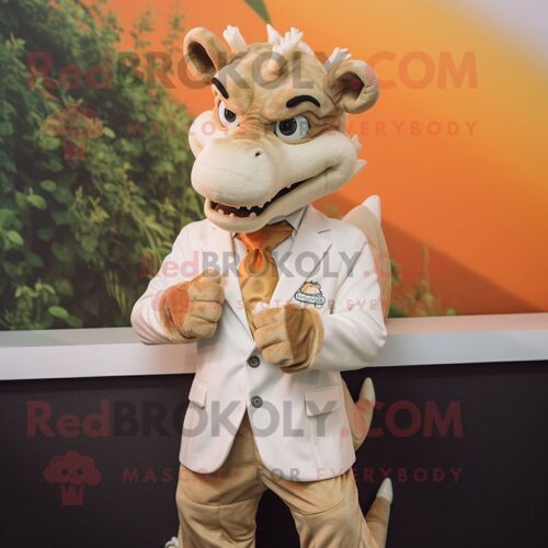 Mascotte Redbrokoly De Personnage De Dragon Beige Habillé D'une Veste De Costume Et D'un Bracelet De Montres
