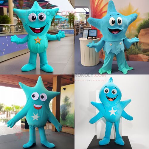 Mascotte Redbrokoly De Personnage D'étoile De Mer Turquoise Habillé D'une Robe Et De Bretelles