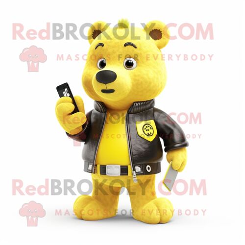 Personnage De Costume De Mascotte Redbrokoly D'ours Jaune Citron Habillé D'une Veste En Cuir Et De Portefeuilles