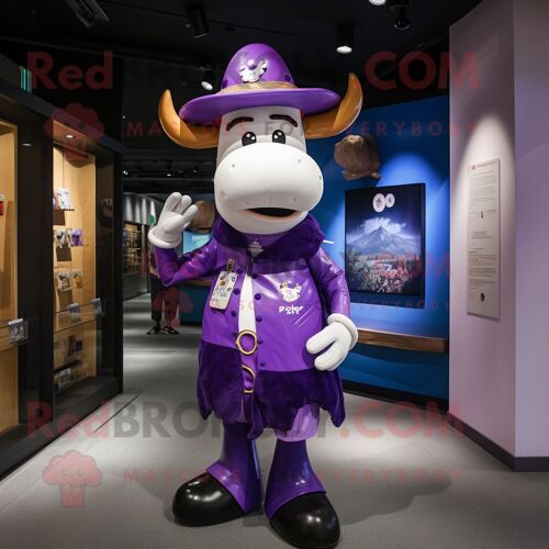 Personnage De Costume De Mascotte Redbrokoly De Vache Violette Habillé D'une Veste Et De Bérets