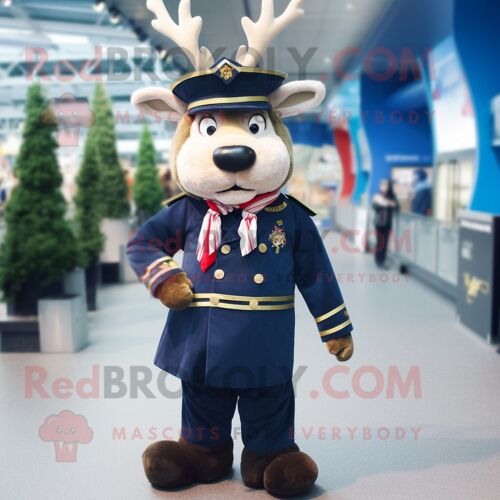 Costume De Mascotte Redbrokoly De Renne De La Marine Personnage Habillé D'un Gilet Et De Bérets