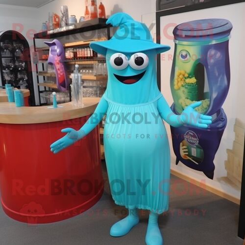 Mascotte Redbrokoly De Personnage De Cyclope Turquoise Habillé D'une Robe De Cocktail Et De Bonnets