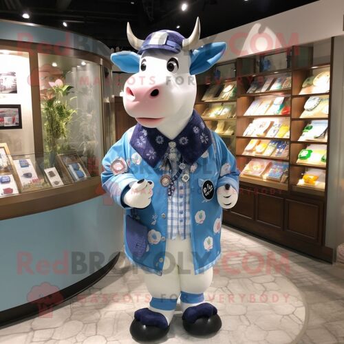 Personnage De Costume De Mascotte Redbrokoly De Vache Bleue Habillé D'une Chemise Boutonnée Et De Porte-Monnaie