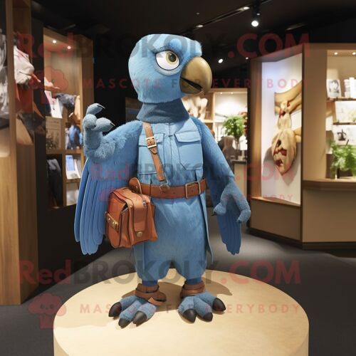 Personnage De Costume De Mascotte Redbrokoly De Faucon Bleu Ciel Habillé D'une Salopette Et De Sacs À Main