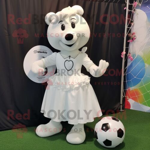 Personnage De Costume De Mascotte Redbrokoly De But De Football Blanc Habillé D'une Jupe Trapèze Et De Colliers