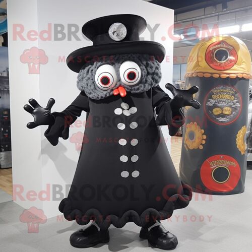 Personnage De Costume De Mascotte Redbrokoly De Calamars Frits Noirs Habillé D'une Robe Et D'épingles À Chapeau