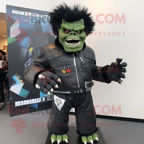 Personnage De Costume De Mascotte Redbrokoly De Frankenstein S Monster Noir Habillé D'une Veste De Moto Et De Coussinets De Pied