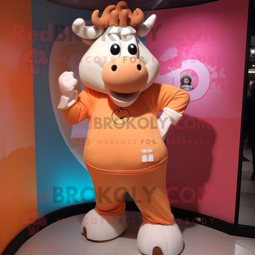 Personnage De Costume De Mascotte Redbrokoly Peach Bull Habillé D'un Sweat-Shirt Et De Boucles D'oreilles