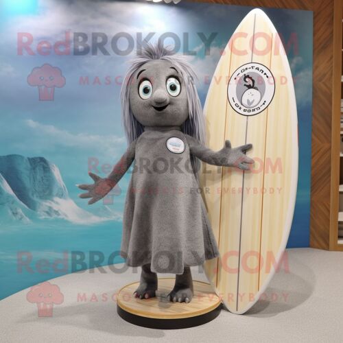 Personnage De Costume De Mascotte Redbrokoly De Planche De Surf Gris Habillé D'une Jupe Circulaire Et D'épingles À Cheveux