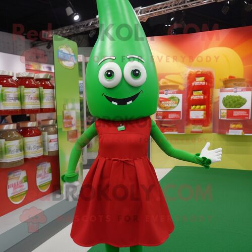 Personnage De Costume De Mascotte Redbrokoly De Bouteille Verte De Ketchup Habillé D'une Mini Jupe Et De Sacs À Dos