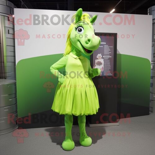 Personnage De Costume De Mascotte Redbrokoly De Jument Vert Citron Vêtu D'une Jupe Plissée Et De Clips D'écharpe