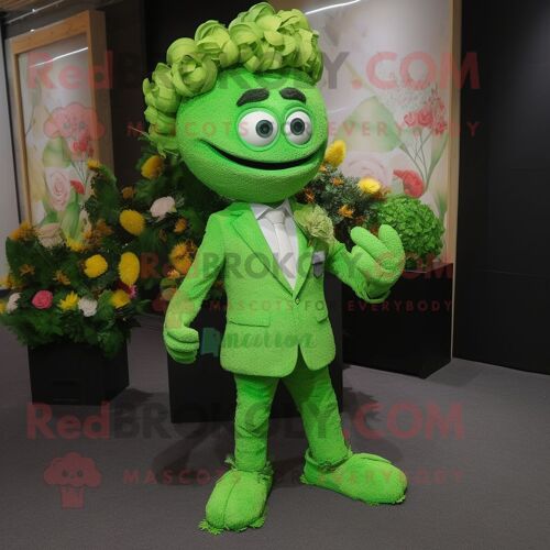 Personnage De Costume De Mascotte Redbrokoly De Bouquet De Fleurs Vert Citron Vêtu D'une Veste De Costume Et De Sacs Messenger