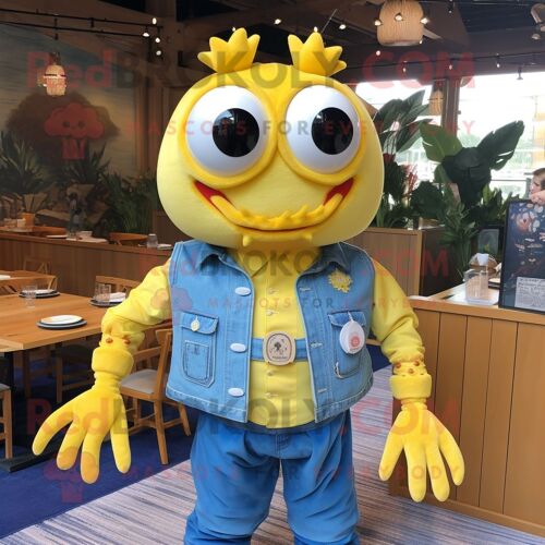 Personnage De Costume De Mascotte Redbrokoly Yellow Crab Cakes Habillé D'une Chemise En Jean Et De Colliers