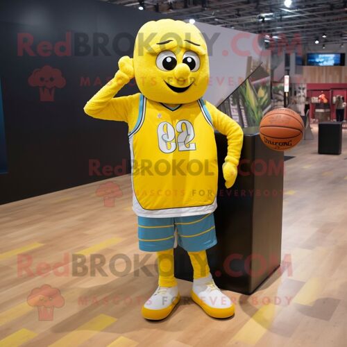 Personnage De Costume De Mascotte Redbrokoly De Ballon De Basket-Ball Jaune Citron Habillé D'une Chemise En Flanelle Et De Coussinets Pour