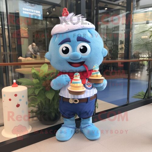 Personnage De Costume De Mascotte Redbrokoly Cupcake Bleu Ciel Habillé D'un Short En Jean Et De Montres Bracelet