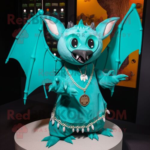 Mascotte Redbrokoly De Chauve-Souris Turquoise Habillée D'une Jupe Et De Colliers