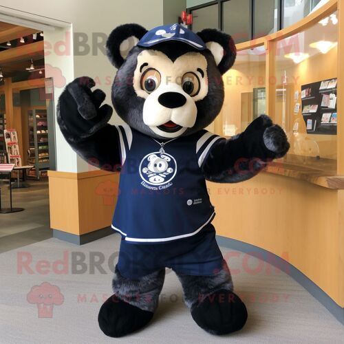 Personnage De Costume De Mascotte Redbrokoly D'ours À Lunettes Bleu Marine Habillé D'un T-Shirt Graphique Et De Mitaines