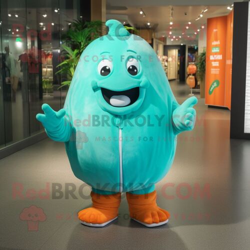 Personnage De Costume De Mascotte Redbrokoly De Melon Bleu Sarcelle Habillé D'un Sweat-Shirt Et De Colliers