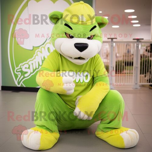 Personnage De Costume De Mascotte Redbrokoly Smilodon Vert Citron Habillé D'une Culotte Et De Bonnets
