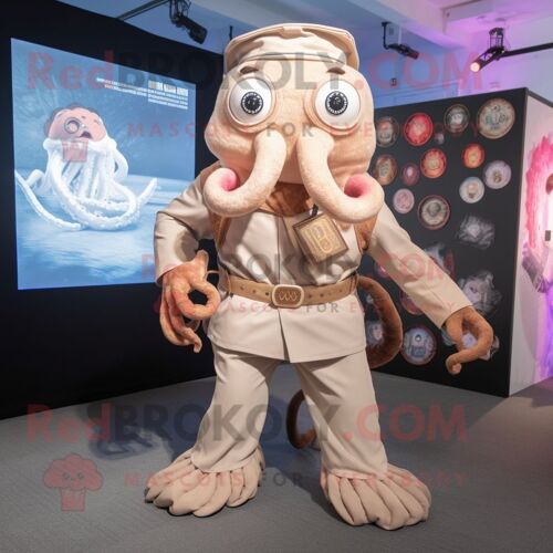 Mascotte Redbrokoly De Personnage De Kraken Beige Habillé D'une Barboteuse Et D'épinglettes