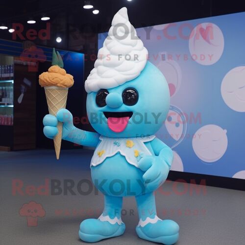 Personnage De Costume De Mascotte Redbrokoly De Cornet De Crème Glacée Bleu Ciel Habillé D'une Barboteuse Et D'épingles À Cheveux