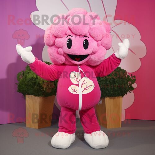 Mascotte Redbrokoly De Personnage De Chou-Fleur Rose Habillé D'un Pull Et De Mitaines