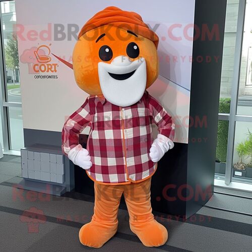 Mascotte Redbrokoly De Personnage De Bonbon Orange Habillé D'une Chemise En Flanelle Et De Pochettes
