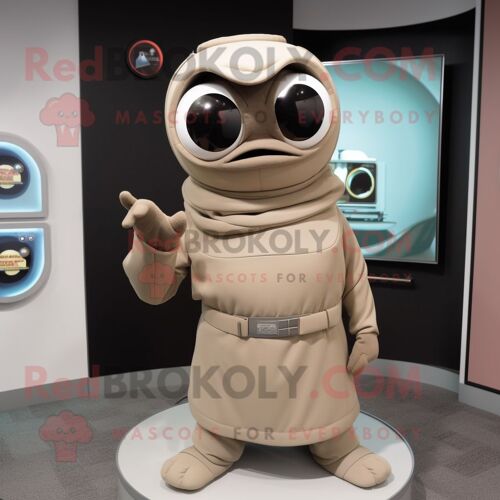 Personnage De Costume De Mascotte Redbrokoly De Caméra Beige Habillé D'un Col Roulé Et De Porte-Clés